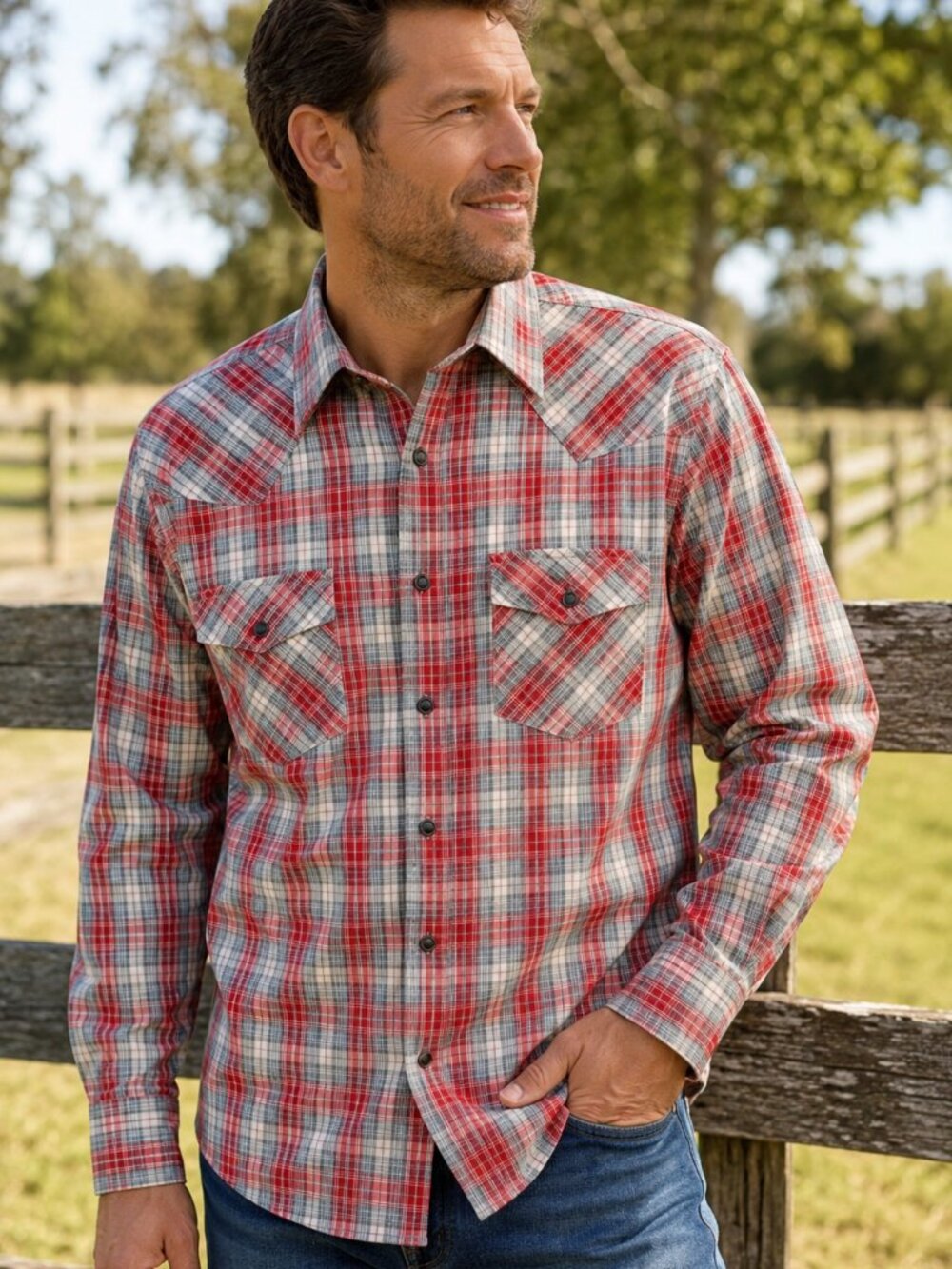 Wrangler Men's S Red Gray Plaid Western Button Front Shirt Stretch Cotton Blend